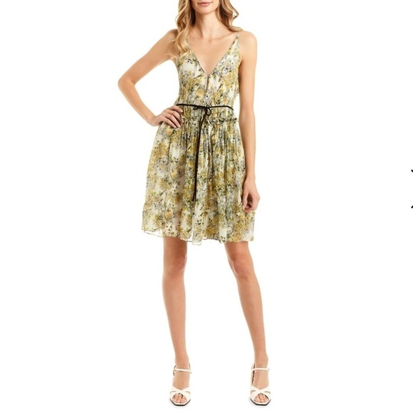 Nieman Marcus Secret Mission Silk Yellow Ditzy Floral Pleated Benazir Mini Dress - Picture 8 of 10